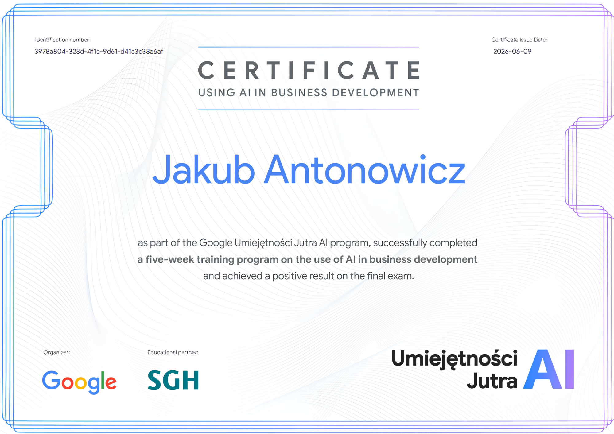 Certificate of completion for Jakub Antonowicz — Google Umiejętności Jutra AI 3.0.